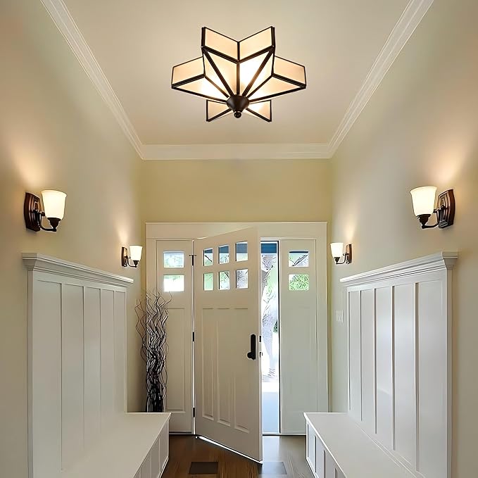 LIGHTLAND 11.8 Inch Flush Mount Star Ceiling Light, 3 Lights Brass Ceiling Lamp with Glass Lampshade, Art Deco Close to Ceiling Light Fixtures for Entryway Hallway Porch, Black