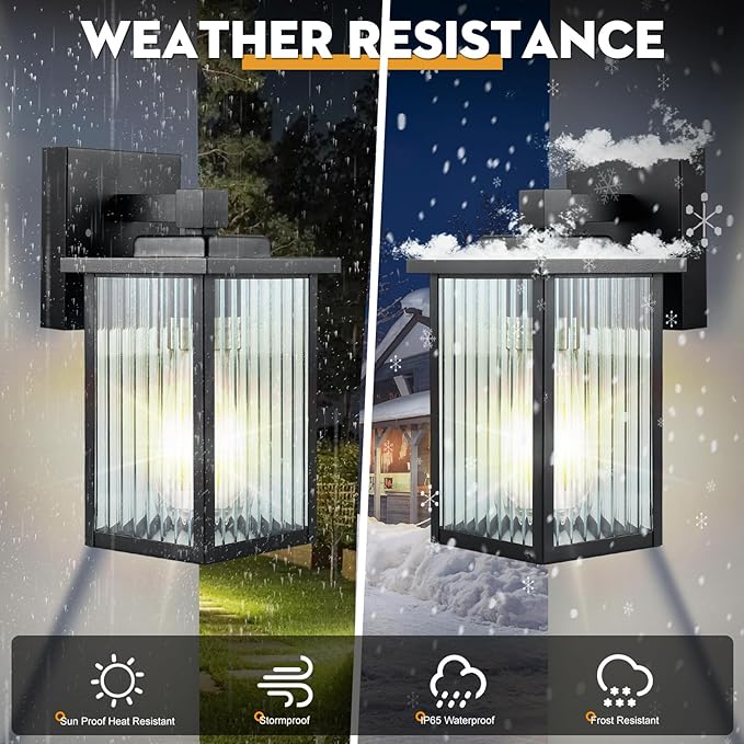 Outdoor Wall Lights for House Exterior - IP65 Waterproof Porch Lights with Textured Glass & Matte Black Metal, Easy Install Exterior Lighting Fixtures for Garage, Front Door