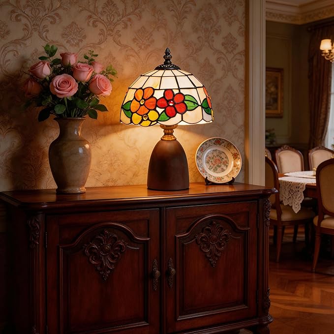 12.2" Tiffany Style Lamp, Handcrafted Stained Glass Sunflower Table Lamp with Spherical Solid Wood Base, 3-Color Dimmable Bedside Lamp for Nightstand & Bedroom, Vintage Aesthetic Accent Light