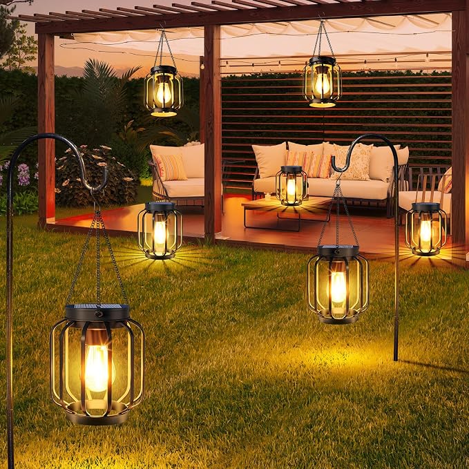 Solar Lanterns Outdoor Waterproof 2 Pack, 14.37'' Metal Hanging Solar Lights for Outside with Auto On/Off & Hook - Brighter Hanging Outdoor Lanterns Decorative Lighting for Garden Patio Yard