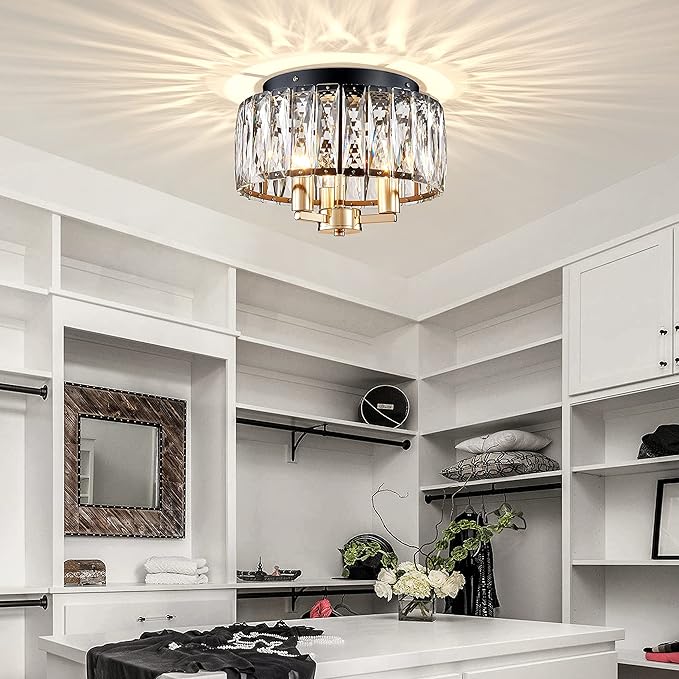 AGV LIGHTING CL002BB Crystal Flush Mount Ceiling Light Fixture, E12 Base 3-Lights, D13 x H15, Shine Gold & Matte Black Finish