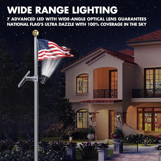 Flagpole Light Solar Powered,Auro 7 Pro Solar Spot Light 7 LED for 1.5"-3.3" Poles,18 Hour Dusk to Dawn Auto On/Off,7W Outdoor IP65 Waterproof,Multiuse on Landscape,Wall - Cold White