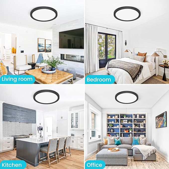libtit 12 inch Flush Mount LED Ceiling Light Fixture, 3000K 4000K 6500K Adjustable, 28W 3200lm Black Round Lighting Fixtures for Bathroom Shower Hallway Kitchen, 6 Pack