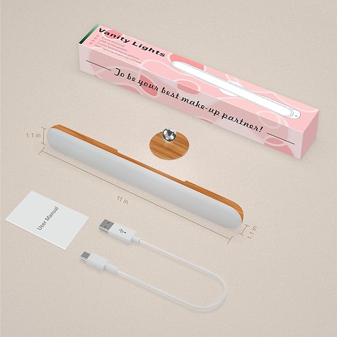 Benreom Vanity Light for Mirror with 4000mAh Rechargeable Battery, Touch Control Dimmable Makeup Light with 3 Color Modes, Magnetic 360° Adjustable LED Bathroom Mirror Light, Light Wood