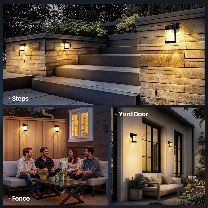 PEVOROS 4 Pack Solar Fence Lights Outdoor, Crackled Glass Wall Light for Porch, Fence, Shed, Barn, Patio, Glass Crackle Lampshade with Warm LED Light