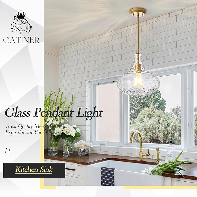 CATINER 11" Clear Glass Pendant Light – Large Hand-Blown Glass Shade with Hammered Texture and Gold Finish, Adjustable Ceiling Hanging Light for Kitchen Island, Dining Room, Hallway, Living Room