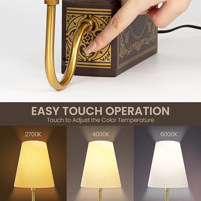 AELS Vintage Bookshelf Lamp with Bulb, Table Lamp with Linen Shade, 3-Color Dimmable Touch Control, Modern Farmhouse, Book Sconce for Office Home Bedroom Bookshelf, Tree of Life Brown & Gold