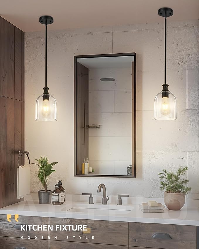 AUTELO 2 Pack Matte Black Pendant Lights, Hanging Lamp with Clear Cylinder Glass, Modern Pendant Lights Kitchen Island with Adjustable Rods, H2511 CLBK 2PK