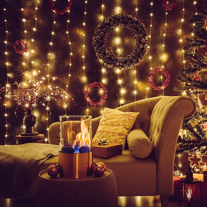 195 LED Curtain String Lights,6.5 x 5 ft Battery Operated USB Powered light with 8 Modes Dimmable Timer,Copper Tapestry Twinkle Fairy Lights for Christmas Bedroom Backdrop Wedding Indoor Outdoor Decor