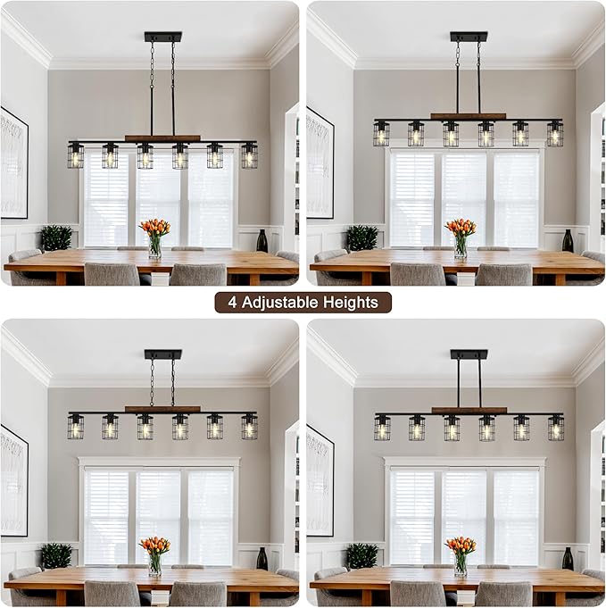 47.2" Farmhouse Kitchen Light Fixture, Black Hanging Kitchen Chandelier, 6-Light Rustic Dining Room Light Adjustable Height with Wood and Metal Frame, Suit for Farmhouse, Industrial Style