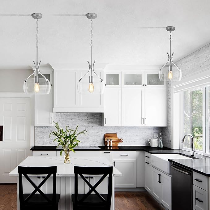 Glass Pendant Lights Kitchen Island, 11.8" Brushed Nickel Industrial Pendant Lighting, Modern Hanging Light Fixture with Glass Shade for Dining Room Kitchen Sink Hallway Entryway