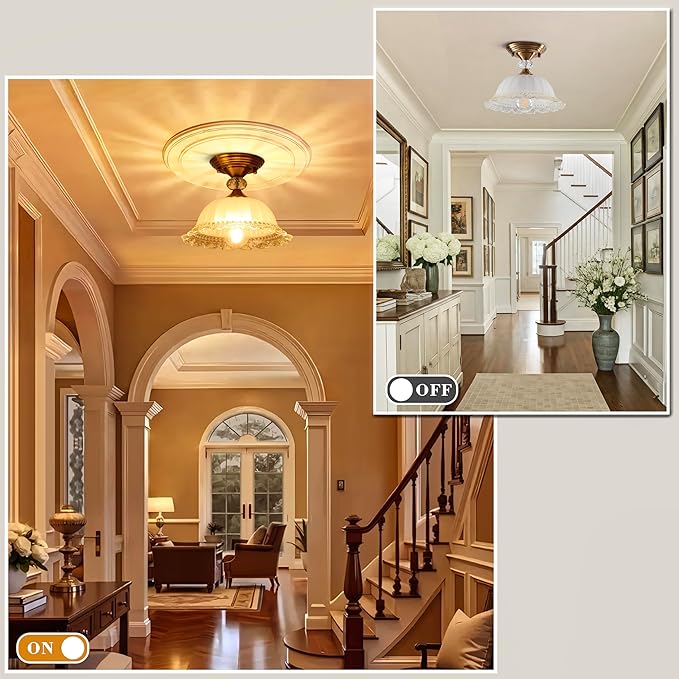 10.6" Milk Glass Semi Flush Mount Light Fixture Brass Gold Modern Hallway Light Vintage Close to Ceiling Light for Bedroom Entryway Kitchen Sink Porch