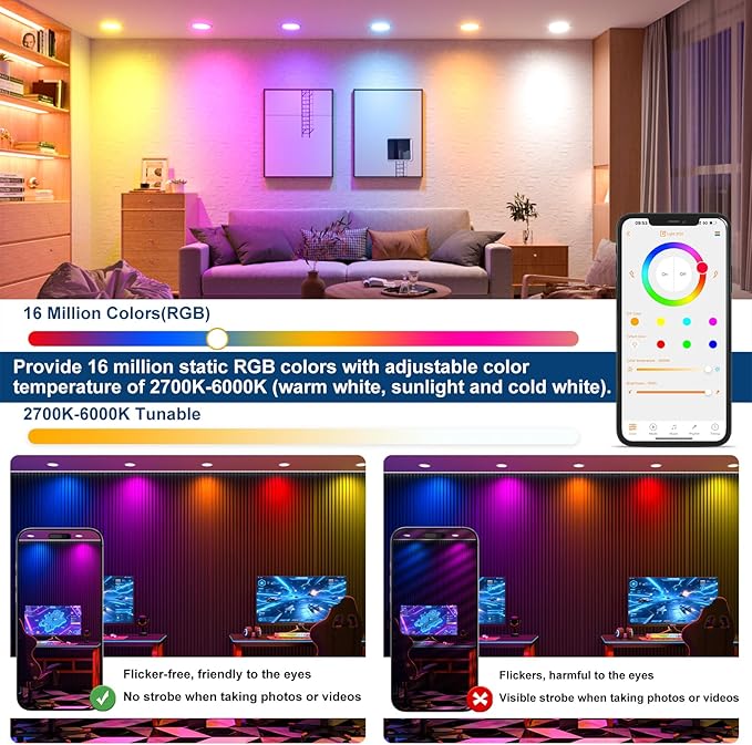 SikSog Black 24 Pack Smart Recessed Lighting 4 Inch RGBCW Color Changing 12W LED Downlight with Junction Box,1080 Lumen Recessed Ceiling Light Compatible with Alexa,Dimmable by Bluetooth Control