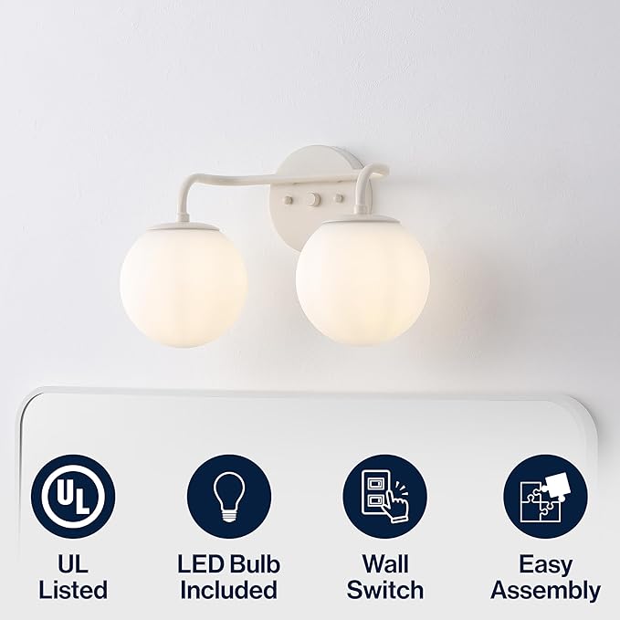 JONATHAN Y 15" Almond Modern Globe Wall Sconce Vanity Light for Bathroom, White Frosted Glass Shade, Midcentury Parisian Bistro Wall Lamp, LED Bulb Included (JYL3535C)