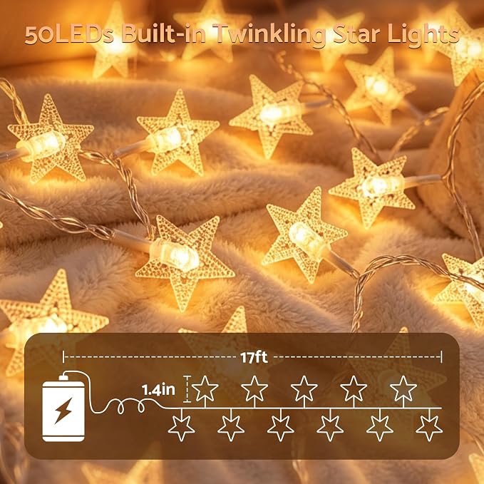 Star String Lights Twinkle Lights Battery Operated, 17 ft 50 LEDs Classroom Decor Fairy Lights, String Lights Battery Powered for Kids Bedroom Wedding Mantel Patio Dorm Decor, Warm White