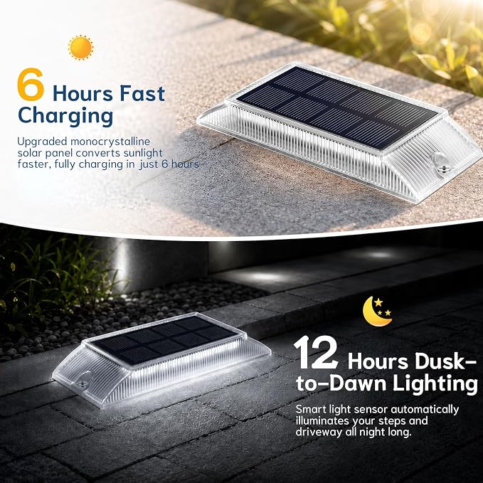 Solar Step Lights Outdoor, 2 Colors in 1 LED Stair Lights | 6 Pack Waterproof Screw Mount Deck Step Lights for Stairs, Patio, Garden, Walkway (White/Blue)