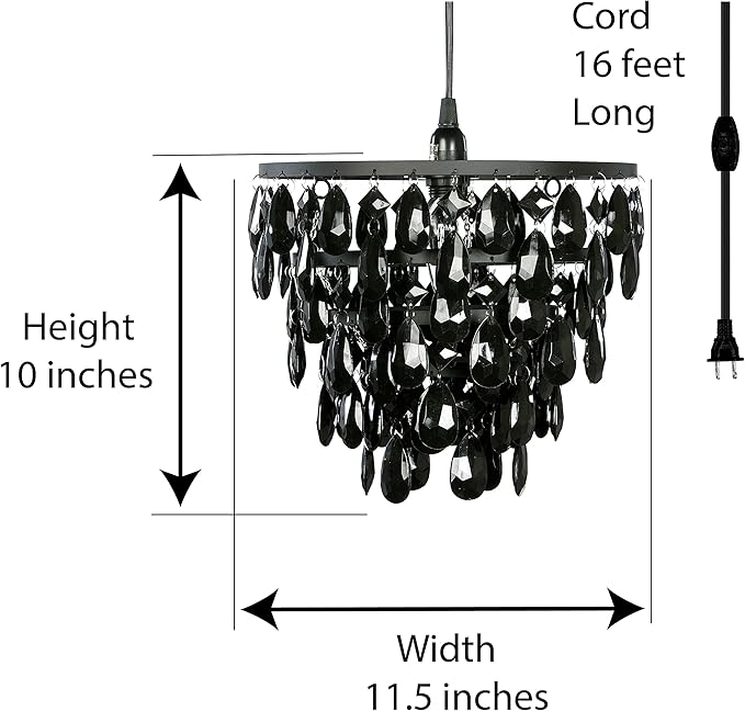 gypsy color The Original Brink House Plug-in 1 Light Black Dome Chandelier H10”xW11.5”, Black Metal Frame with 5 Tiers of Acrylic Crystals