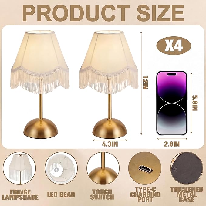 4 Pack Wedding Tassel Cordless Table Lamp Rechargeable Touch LED Small Gold Portable Battery Operated USB-c Desk Lamp 3 Color Dimmable for Wedding Birthday Outdoor Party Home