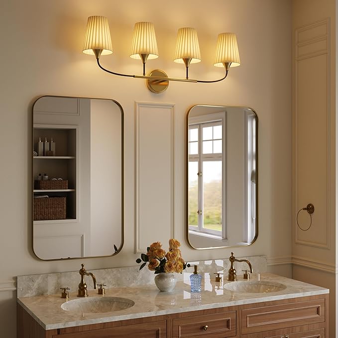 4-Light Bathroom Light Fixtures, Black Gold Bathroom Vanity Light Over Mirror, Modern Light Fixture with Flared Fabric Shade for E26 Bulb, Wall Sconce Light for Bedroom, Hallway with ETL