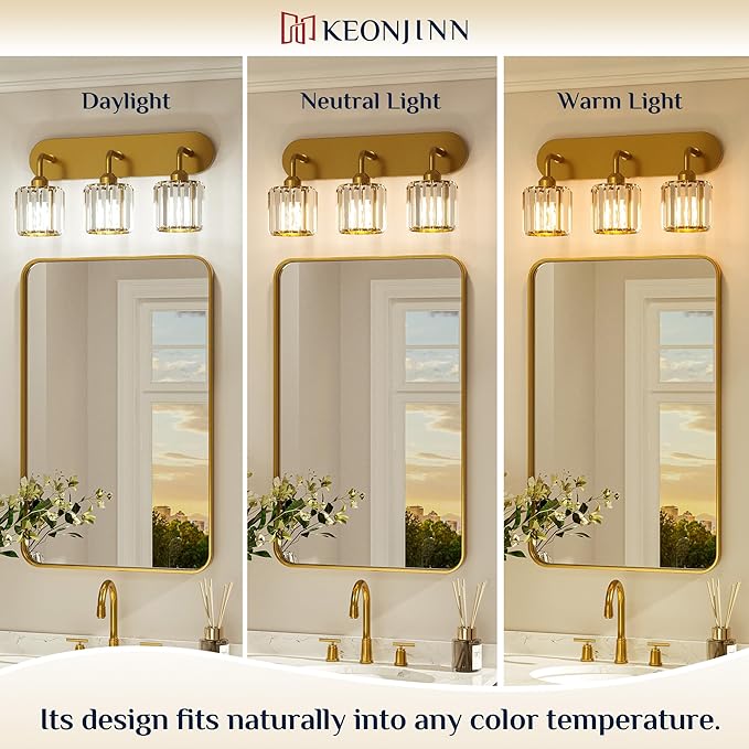 Keonjinn 4-Light Bathroom Light Fixtures, Crystal Gold Bathroom Vanity Lights Over Mirror, Vanity Lighting Fixtures with Crystal Square Shades (E26 Socket, Exclude Bulb)