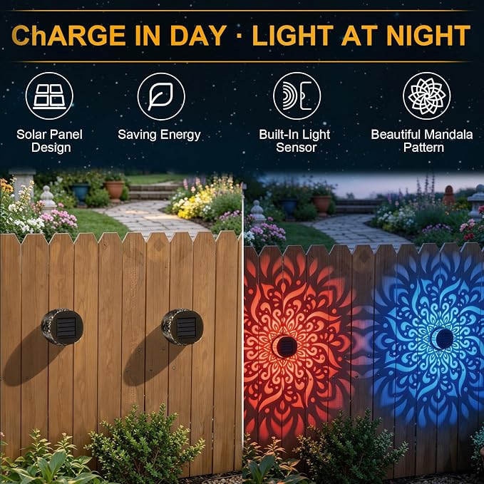 2PCS Solar Mandala Wall Lights Outdoor, Colorful Waterproof Solar Fence Lights, Decorative Solar Mandala Lights, Solar Powered Outdoor Deck Step Wall Lights, for Terrace, Courtyard, Backyard