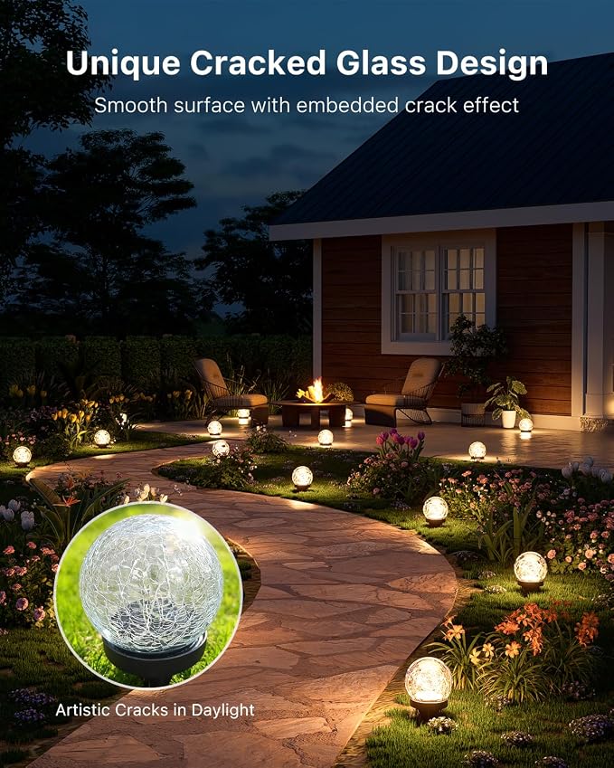8 Pack Solar Powered Cracked Glass Globe LED Lights Outdoor Waterproof Decorative Table Ball Lamps for Outside Garden, Patio, Yard, Deck, Pathway, Backyard Decoration Easy to Install (Warm White)