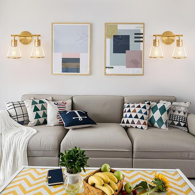 Bathroom Light Fixtures Over Mirror Gold Vanity Lights 2-Lights Bathroom Vanity Light with Clear Glass Shade 14 inch Vanity Lighting Fixtures Modern Wall Sconces Lights for Barth