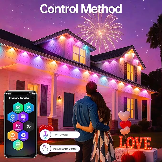Permanent Outdoor Lights 150ft RGB+IC Outdoor String Lights App Control IP67 Waterproof,100 Scene Modes Home for Christmas,Halloween,Holiday, Daily,Birthday Decor