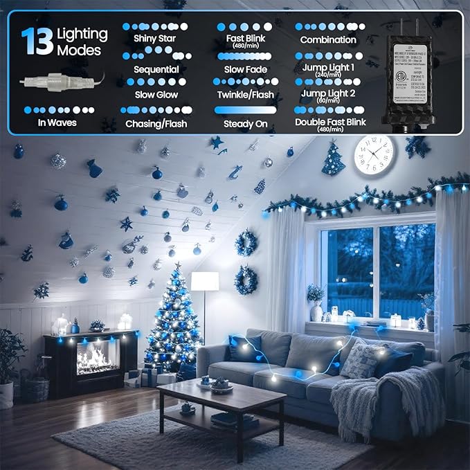 LORRYTE 43FT Connectable String Lights Indoor Outdoor | 100LED Blue and White Globe Fairy Lights Plug in with Timer, 13 Modes Hanging Light for Bedroom Classroom Wedding Party Girl's Room Decorations