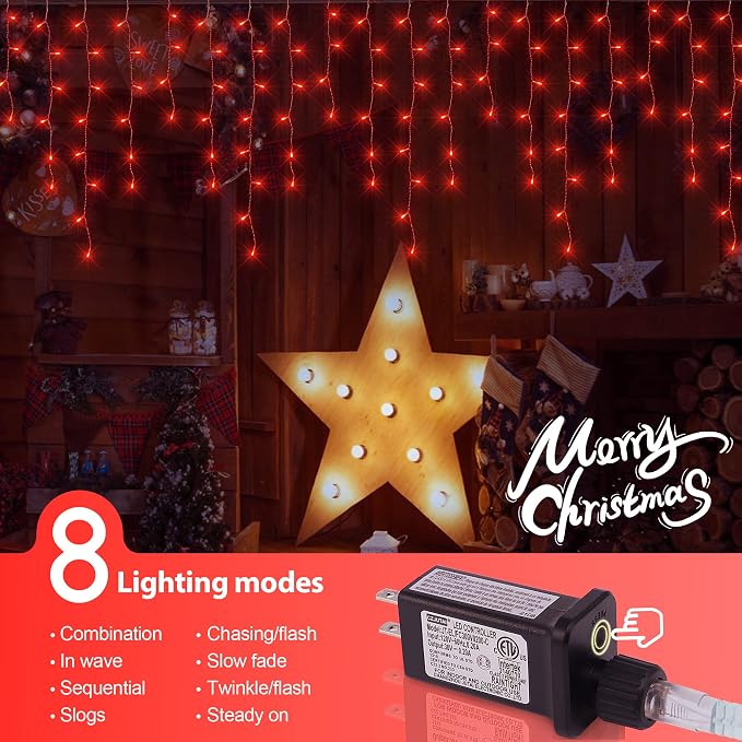 300LED Icicle Lights for Outside,Red Valentine Window Lights,8 Modes Plug in Red Curtain String Lights Waterproof for Valentine’s Day,Wedding,Party,Bedroom,Home,Wall,Backdrop,Christmas Decor