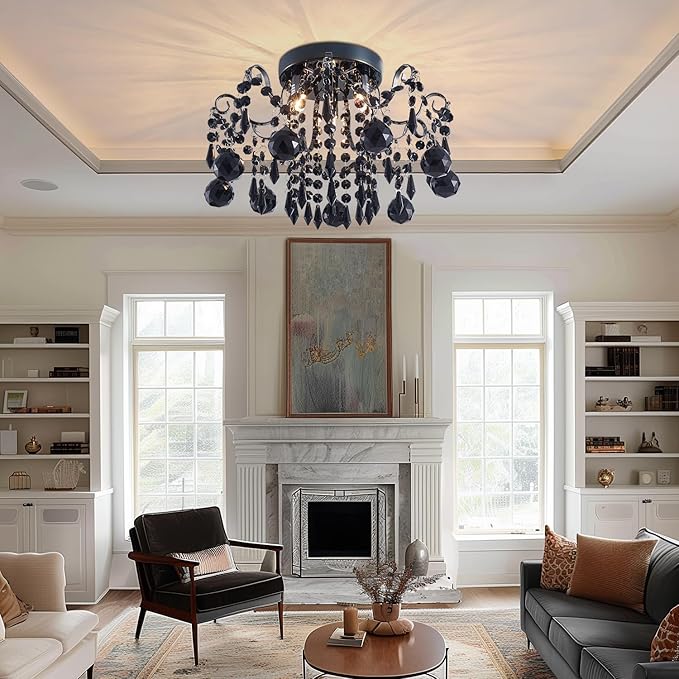 Rain Drop Crystal Small Crystal Chandelier Ceiling Light 3-Light Fixture Modern Chrome Iron Material Suitable for Bedrooms, Hallways, Walk-in Closets, Entryways, Stairwells (Black)