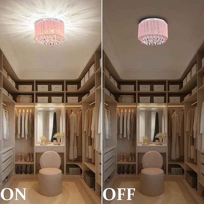 LaLuLa Pink Chandelier Drum Flush Mount Chandelier Crystal Ceiling Light Fixture 3 Light Bedroom Chandelier