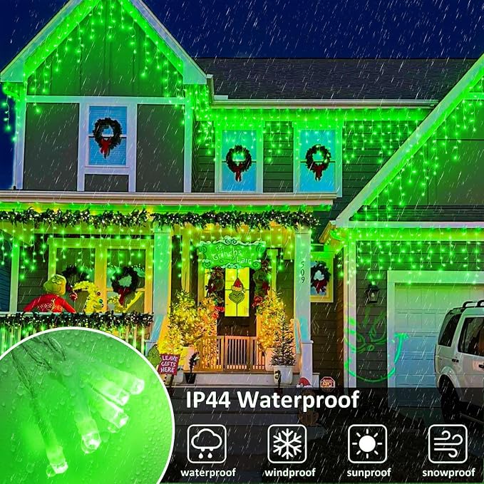 Icicle Lights for Outside - 33FT 400 LED Icicle Christmas Lights Outdoor with 75 Drops 8 Modes, Waterproof Connectable Curtain Hanging Lights for Indoor Eaves Patio Party Halloween Decorations, Green