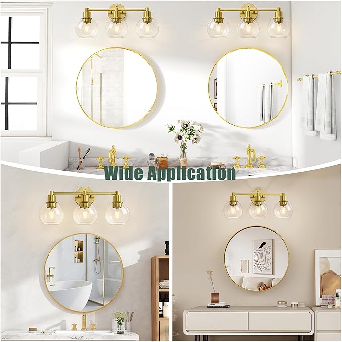 Espird 3 Light Bathroom Light Fixtures, Brushed Brass Bathroom Vanity Lights, Modern Vanity Lights 3-Light Globe Bathroom Vanity Lighting Fixture Over Mirror