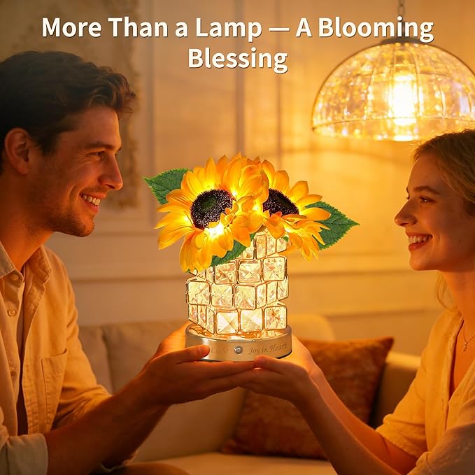 Sweet Mother’s Day Gifts Sunflower Crystal Cube Lamp,3 Color Dimmable Small Night Light, Rechargeable Cordless Touch Flower Table Lamp for Festival Restaurant Bedroom Bar Cafe Home Decor