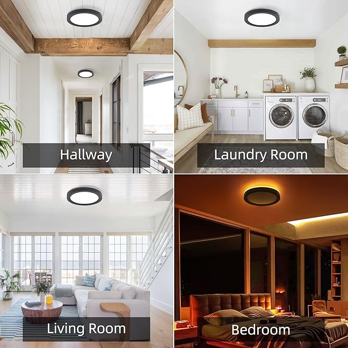 Hlite 7.5 Inch Flush Mount LED Ceiling Light with Night Light, CRI90, 15W, 1500 LM, 3000K/4000K/5000K Selectable, Flat Round LED Ceiling Light, Dimmable Bedroom Lights for Ceiling, Black(2Pack)