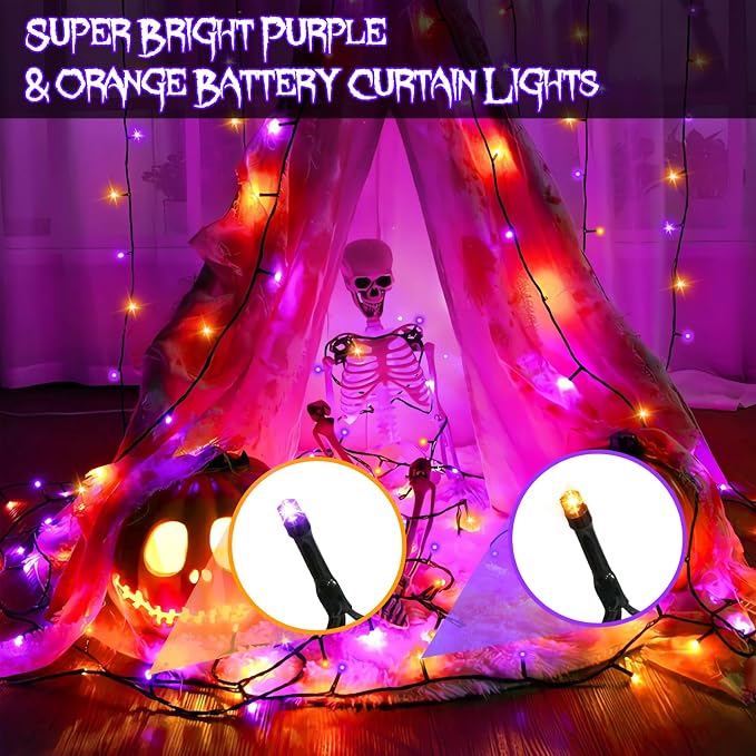 Halloween Battery Curtain Lights Purple Orange with Remote Timer 9.8×9.8ft