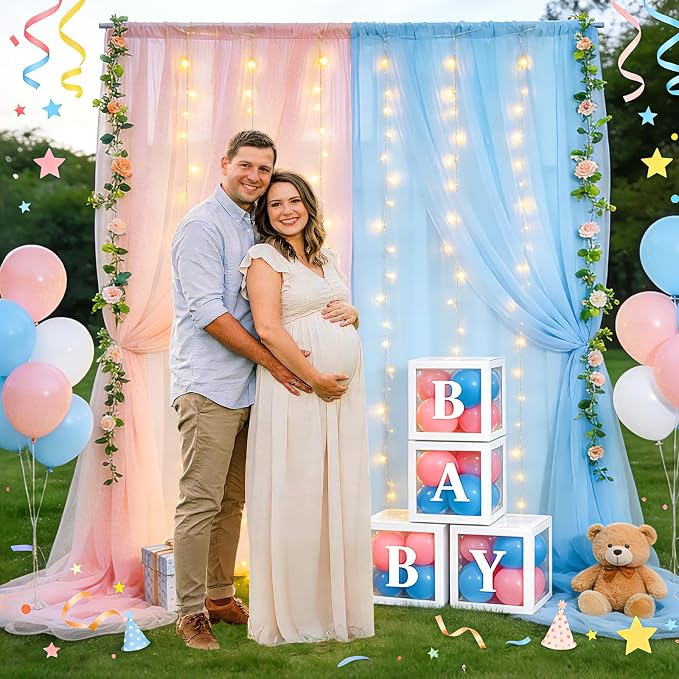 Ledido 2 Pack 10×8ft Pink Blue Tulle Backdrop Curtains with Light String - 600LED Fairy Light Sheer Curtain Backdrop for Gender Reveal Baby Shower Photo Shoot Birthday Party Decoration(4 Panels 5×8ft)
