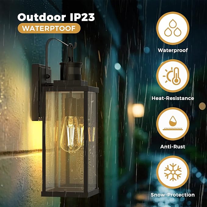 DORESshop Large Size Motion Sensor Outdoor Wall Lights, 18 Inch Matte Black Waterproof Anti-Rust Outdoor Light Fixtures Wall Mount with Clear Glass Shade for Porch, Garage, ETL Listed, 2 Pack