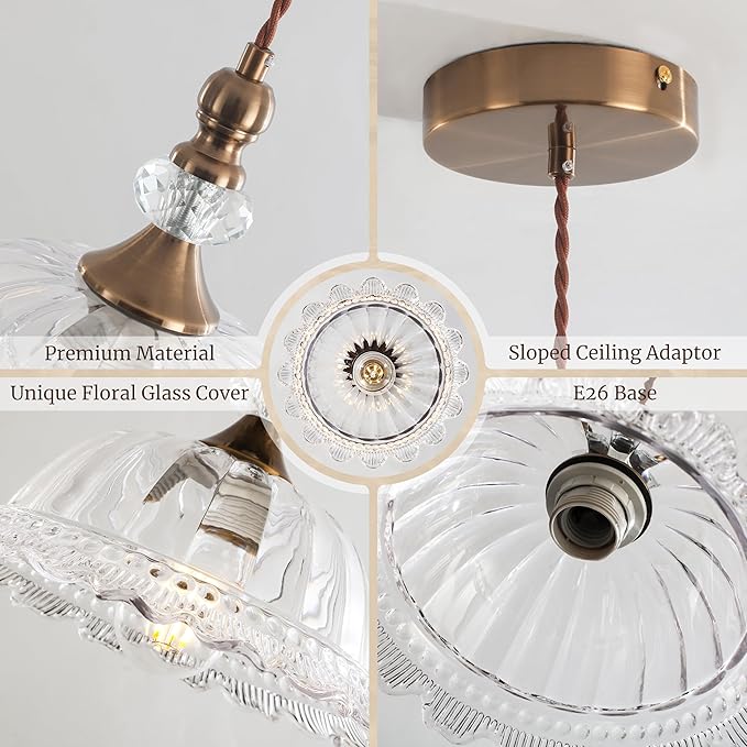Vintage Pendant Light Fixtures for Kitchen Island Brass Gold 10.6" Glass Small Pendant Lights Adjustable Hanging Light for Hallway Porch Sink Table