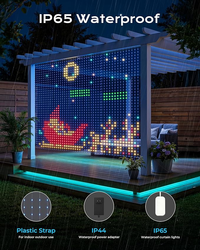 900 RGBIC LEDs Smart Curtain Lights with DIY GIF, 6.6x6.6ft Color Changing Christmas Wall Lights with APP, IP65 Waterproof String Fairy Lights for Indoor Outdoor Bedroom Window Garage