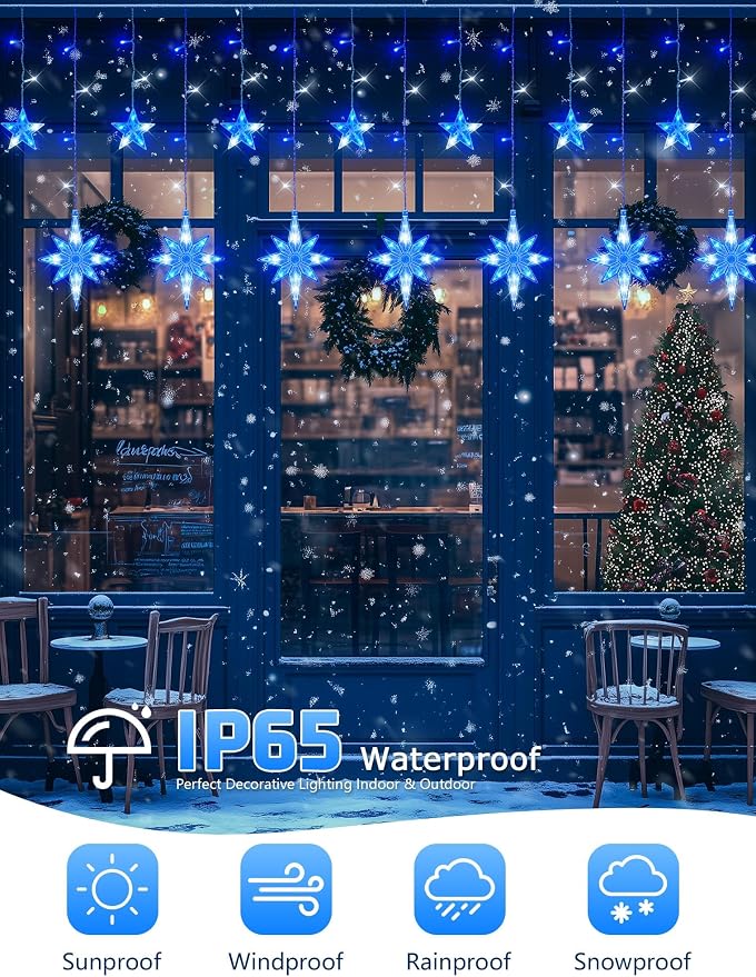 Star Icicle Lights Outdoor,126 Led 12 Star Hanging String Light with 8 Modes,Waterproof Connectable Fairy Star Window Lights for Bedroom,Wall,Wedding,Party,Brithday,Christmas Decor,Blue White