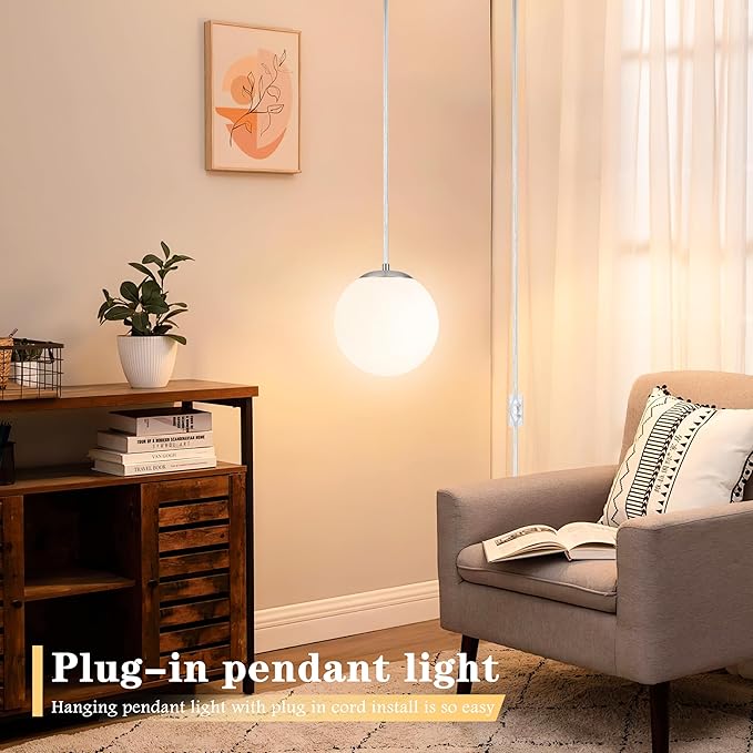 KoKo&Yukina 8" Globe Pendant Light Nickel Plug in Pendant Light Adjustable Hanging Lights with Plug in Cord Nickel Finished with Milk Glass Lampshade for Bedroom Kitchen Island (Bulb Included)