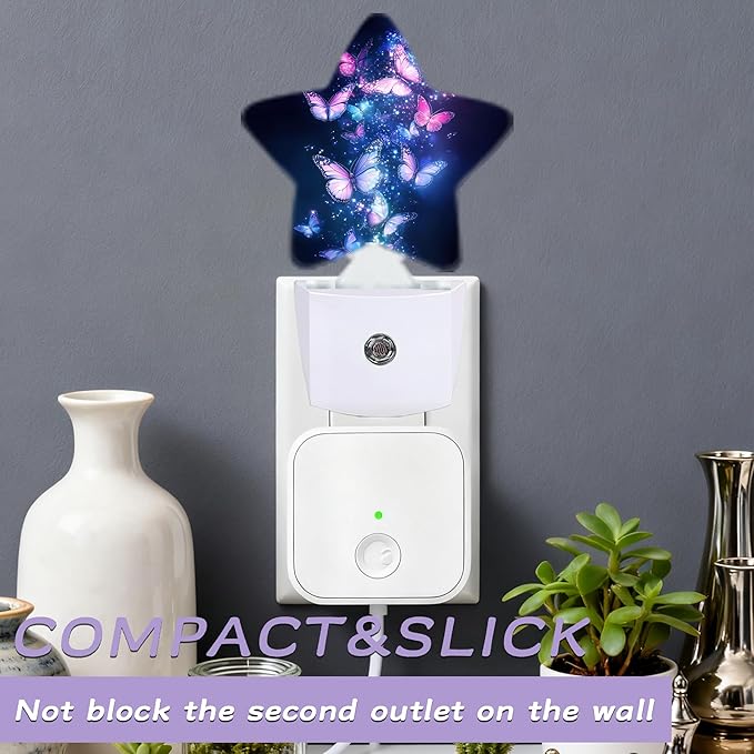 Flying Butterflies Night Lights Plug Into Wall,Glowing Stars Dusk to Dawn Light Sensor Night Light for Kids,Energy Efficient Sleep Friendly Lamp for Bedroom Bathroom Nursery