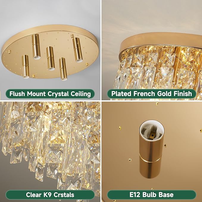 YMP&YZX Crystal Ceiling Light Fixture Flush Mount,15.7" French Gold Modern Crystal Chandelier with E12 Base Ceiling Lights for Bedroom Living Dining Room Hallway Closet Light Fixture 5-Light