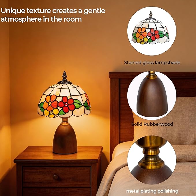 12.2" Tiffany Style Lamp, Handcrafted Stained Glass Sunflower Table Lamp with Spherical Solid Wood Base, 3-Color Dimmable Bedside Lamp for Nightstand & Bedroom, Vintage Aesthetic Accent Light