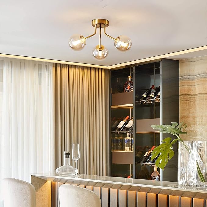 Modern Sputnik Chandeliers 3 Light Gold Semi Flush Mount Ceiling Light Fixture Pendant Lamps Bulbs with Glass Globe Lighting for Bedroom Kitchen Dining Room Office
