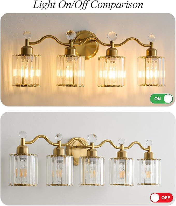 Modern Crystal Bathroom Vanity Light, 4-Lights Bathroom Light Fixtures, Brass Gold Vanity Lighting Fixtures Over Mirror, Brushed Wall Sconce Light for Bedroom, Kitchen, Living Room, Gallery, E26 Base