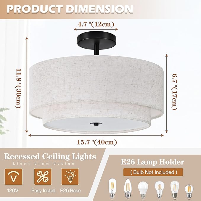 Bagood 16 Inch 3 Light Semi Flush Mount Ceiling Light Fixture Modern 2 Pack Black Drum Ceiling Light Fixture with 2-Layer Fabric Shade Dimmable Close to Ceiling Light for Bedroom Living Room Hallway