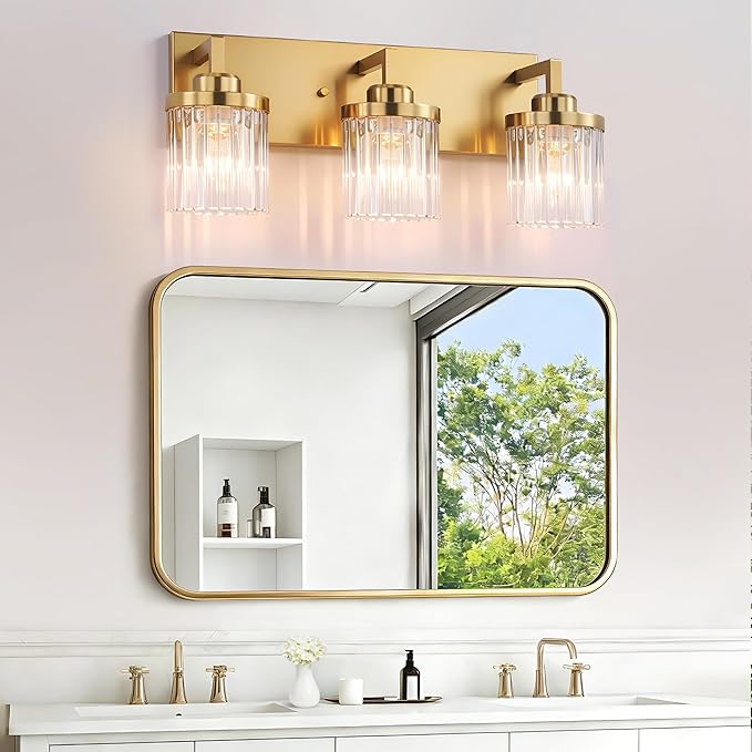 Modern Crystal Bathroom Light Fixtures, 3 Light Gold Vanity Lights, with Crystal Glass Shade, Industrial Bathroom Lighting Fixtures Over Mirror Wall Light for Bedroom Living Room